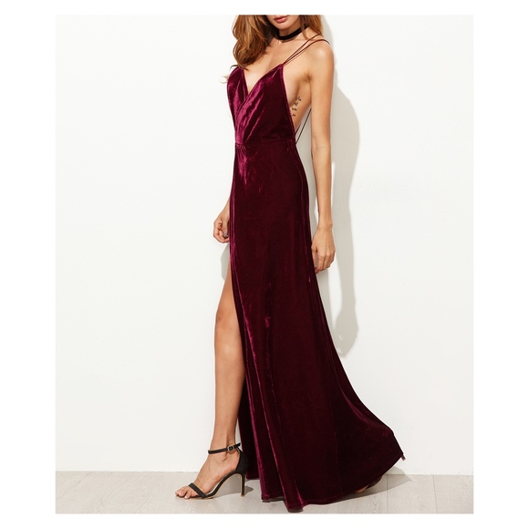 Burgundy Red Strappy Backless Velvet Wrap Dress - Picture 3 of 8
